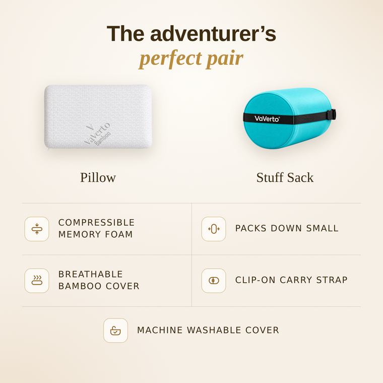 VaVerto Camping and Travel Pillow with its compact carry bag