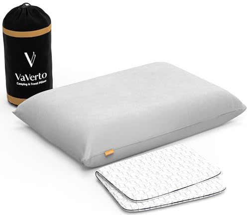 Vaverto Gray Travel and Camping Pillow - Compressible Medium Firm Memory Foam, Viscose Made from Bamboo Cover, Machine Washable, Ideal for Backpacking, Airplane, Car Travel