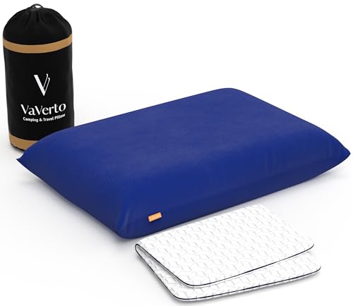 Vaverto Blue Travel and Camping Pillow - Compressible Medium Firm Memory Foam, Viscose Made from Bamboo Cover, Machine Washable, Ideal for Backpacking, Airplane, Car Travel