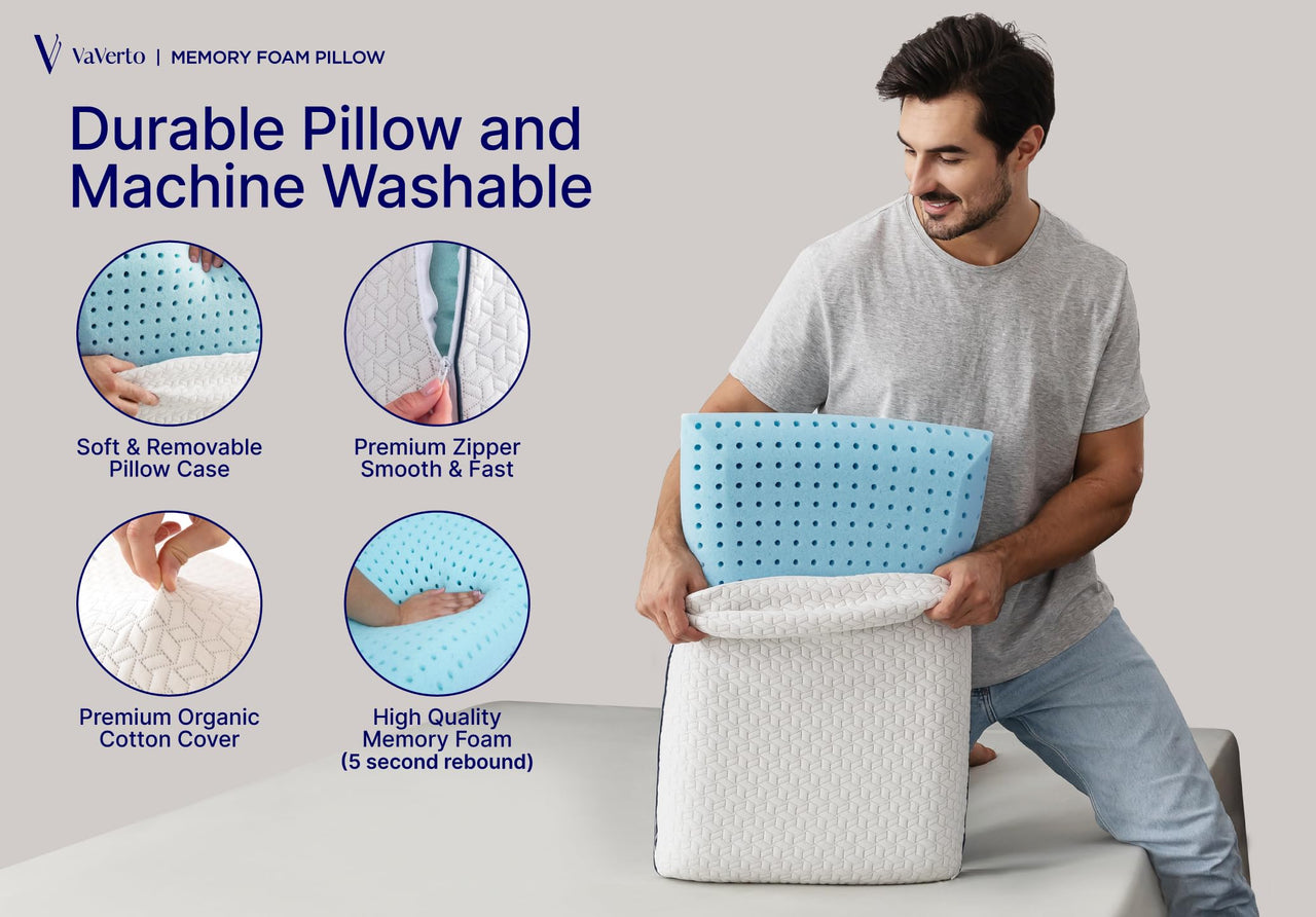Vaverto Queen Size Gel Memory Foam Pillow - Ventilated, Orthopedic, Contoured Support, Cooling, with Viscose Made from Bamboo Cover - Essential for College Dorms