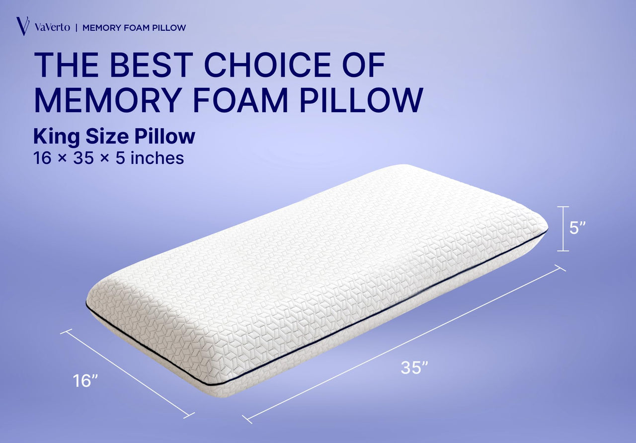 Vaverto King Size Gel Memory Foam Pillow: Ventilated, Orthopedic, Contoured Support, Cooling Design with Viscose Made from Bamboo Cover - Dorm Room Essential