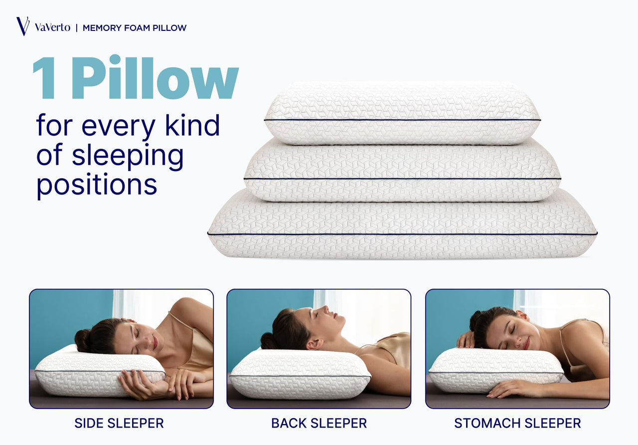 Vaverto Gel Memory Foam Pillow -Standard Size - Ventilated, Premium Bed Pillows with Viscose Made from Bamboo Pillow Cover, Cooling, Contoured Support, Orthopedic Sleeping