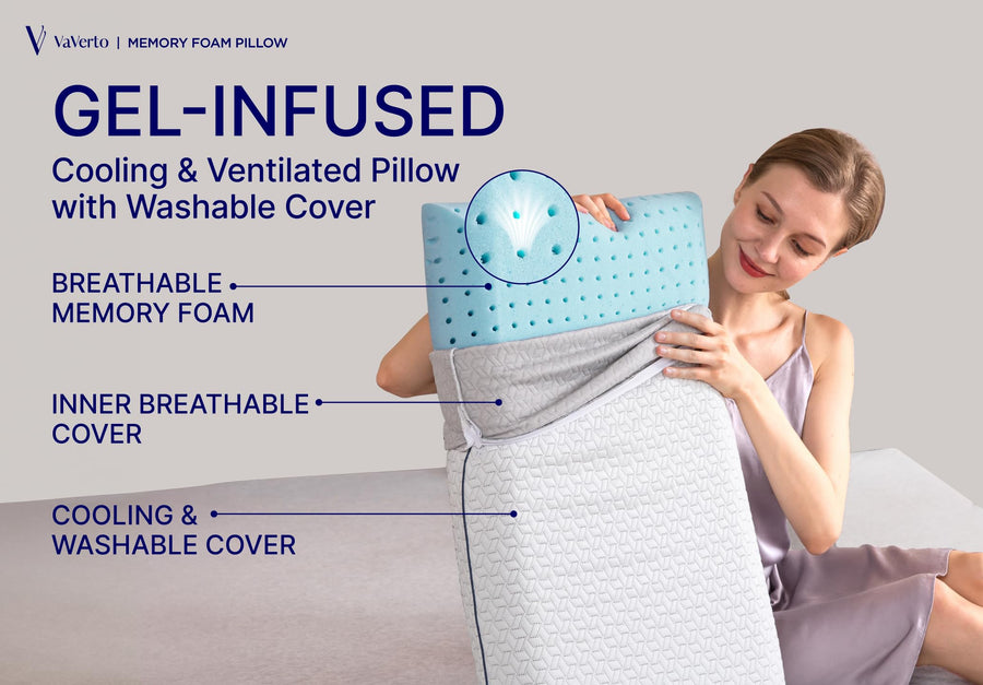 Vaverto Gel Memory Foam Pillow -Standard Size - Ventilated, Premium Bed Pillows with Viscose Made from Bamboo Pillow Cover, Cooling, Contoured Support, Orthopedic Sleeping